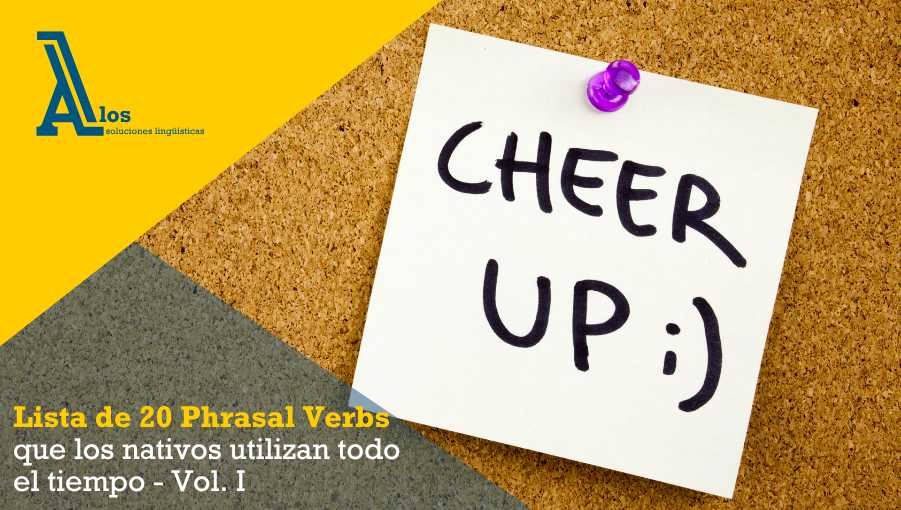 Ilustración con ejemplos de phrasal verbs en inglés y su traducción al español.