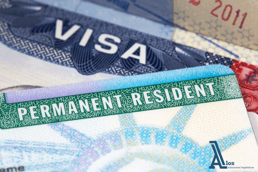 Documentos oficiales de inmigración de EE. UU., incluyendo una visa y una Green Card, esenciales para residir legalmente en el país.