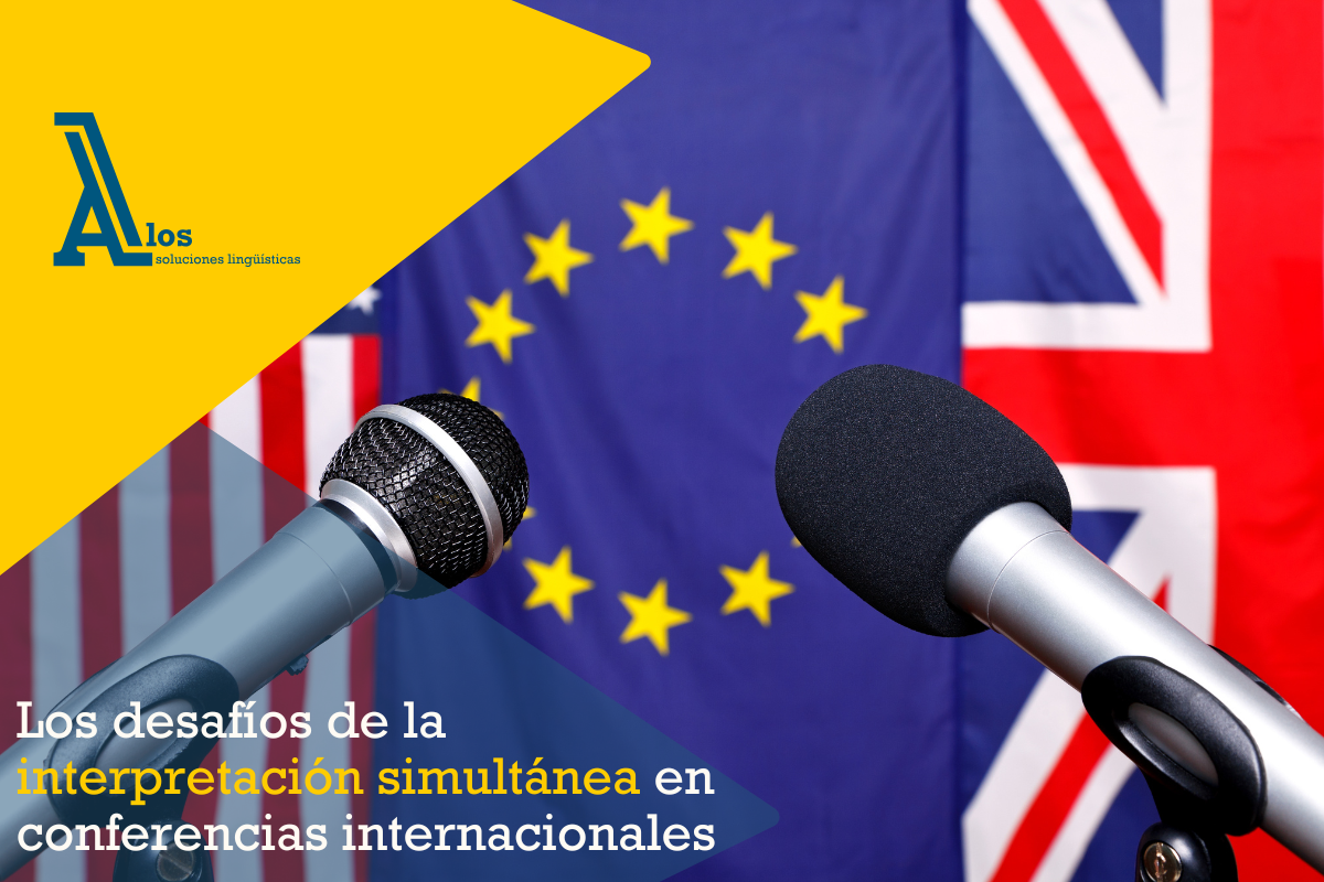 Micrófonos frente a banderas de Estados Unidos, la Unión Europea y el Reino Unido, simbolizando la interpretación simultánea en conferencias internacionales.