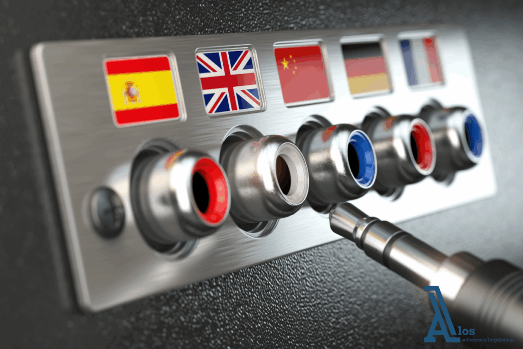 Auriculares conectados a unas banderas representando el aprendizaje y la comprensión de lenguas extranjeras.