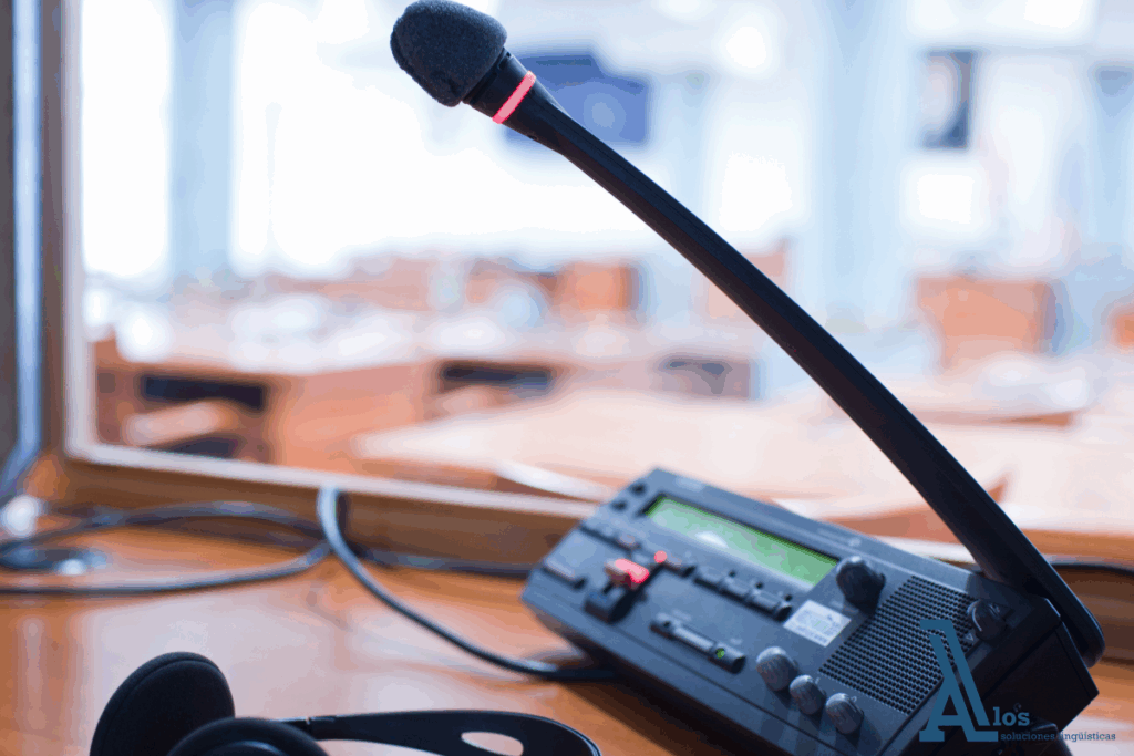 Equipo de sonido profesional para interpretación simultánea, con consolas, receptores y auriculares en una cabina técnica.