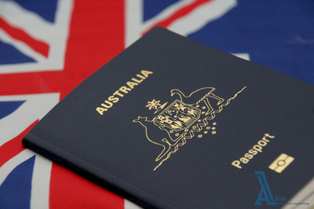 Pasaporte australiano sobre fondo con la bandera de Australia, símbolo de identidad nacional y proceso migratorio