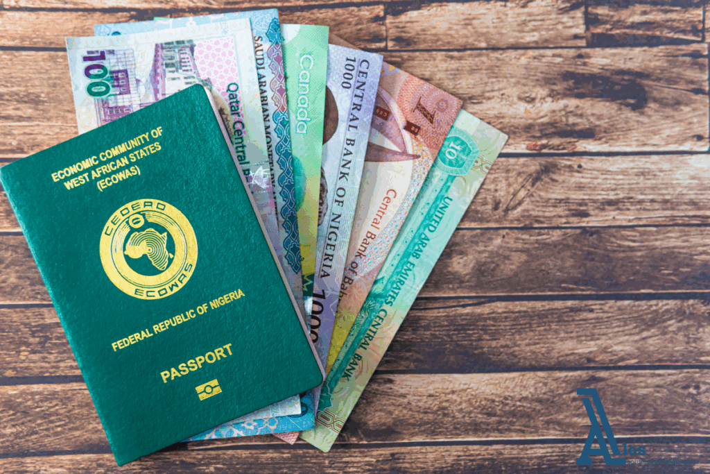 Pasaporte nigeriano acompañado de billetes locales, representando el proceso de solicitud de visado para Nigeria.
