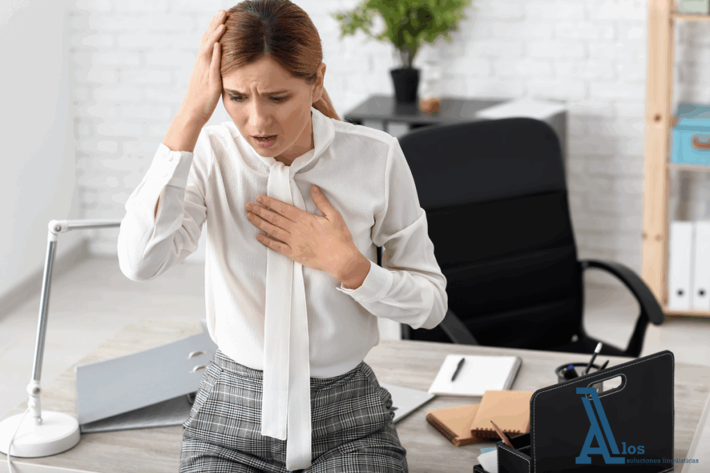 Mujer estresada en su lugar de trabajo con expresión de cansancio y preocupación.