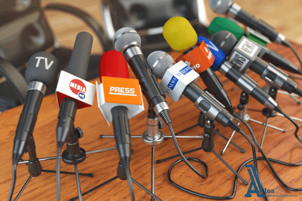 Varios micrófonos alineados en una mesa durante una rueda de prensa en evento deportivo internacional