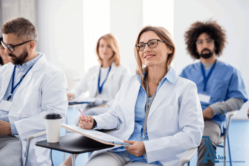 Profesionales de la salud en formación continua durante una conferencia científica. Médicos asistiendo a una conferencia médica internacional.