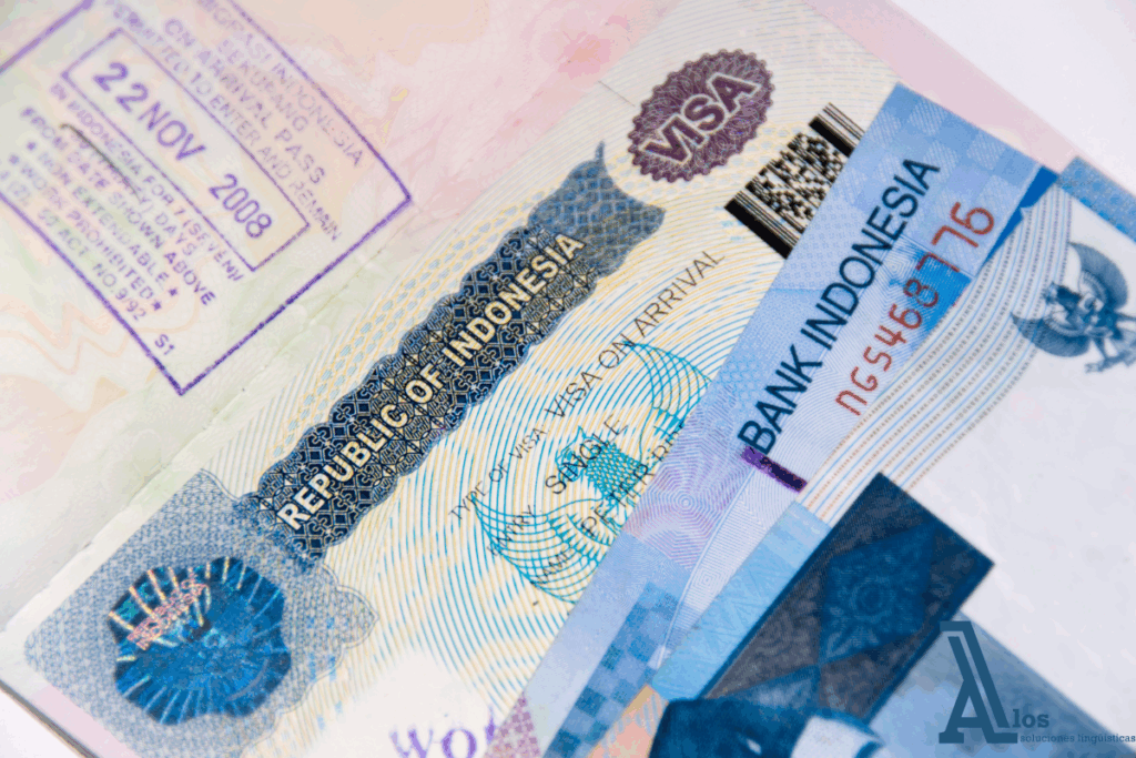 Ejemplo de visado para Indonesia con datos personales, fechas de validez y sello de entrada