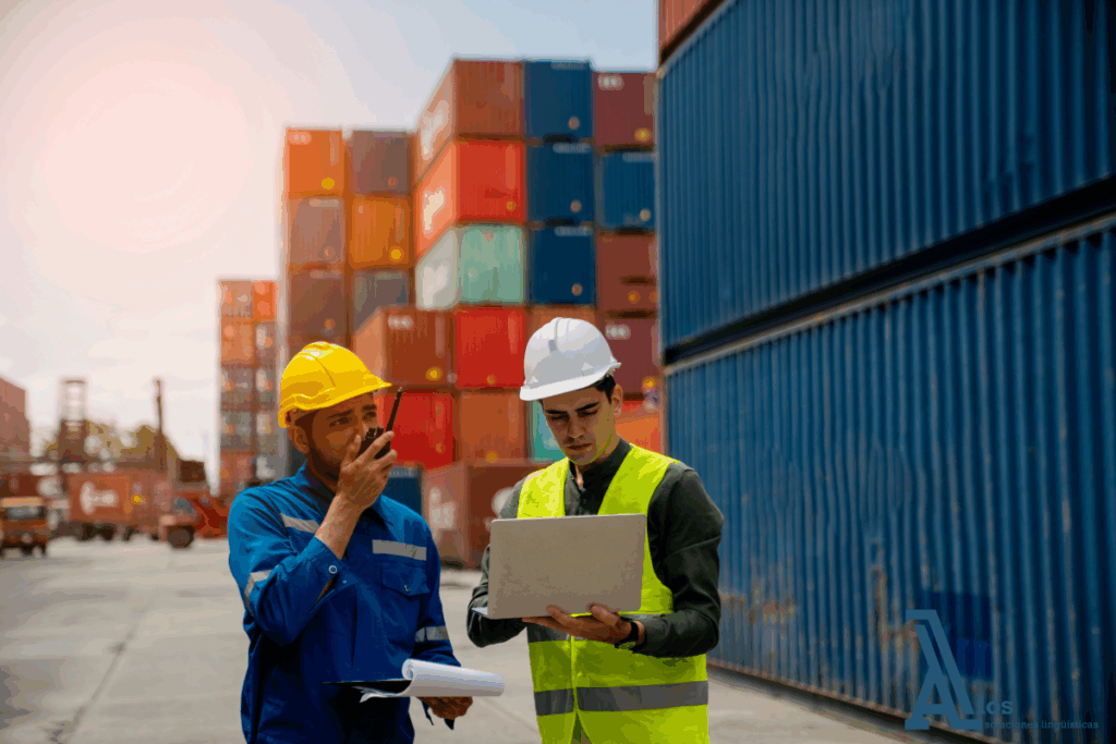 Dos operarios coordinando tareas logísticas en un puerto internacional, representando la importancia de la comunicación efectiva y la formación en idiomas para logística en entornos multilingües.