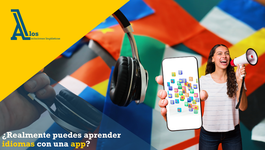 Chica usando aplicaciones móviles para aprender idiomas, con banderas internacionales y auriculares sobre la mesa