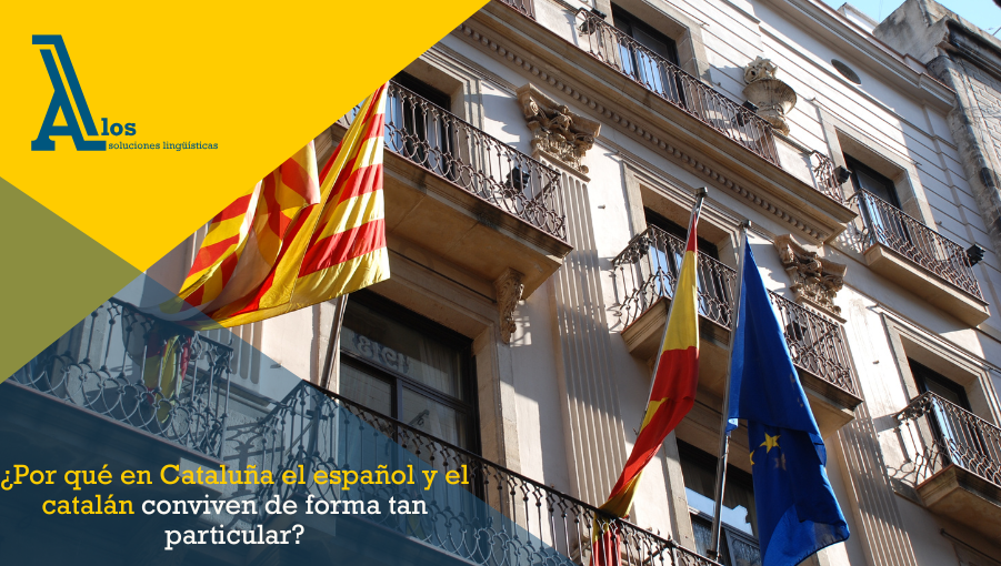 Banderas de Cataluña, España y la Unión Europea colgadas en un balcón, representando la convivencia institucional y cultural en Cataluña.