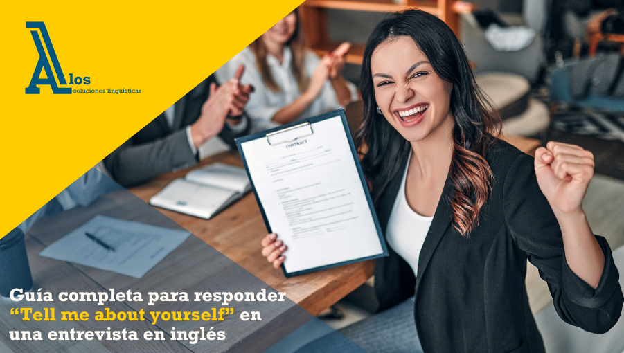 Mujer celebrando tras recibir un contrato, con texto sobre guía para responder “Tell me about yourself” en entrevistas en inglés.
