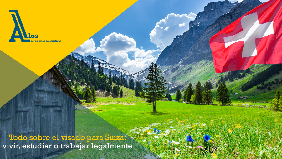 Vista de un monte suizo con la bandera de Suiza, ideal para representar el visado para Suiza