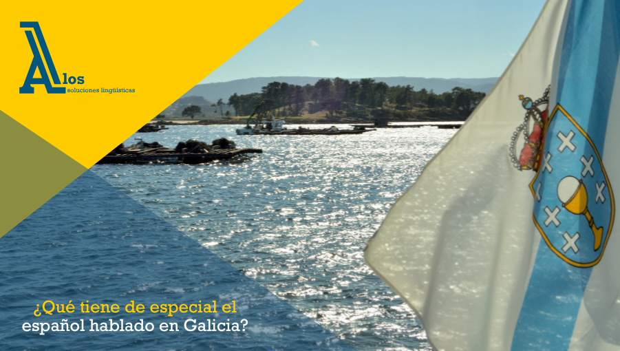 Paisaje gallego con la bandera de Galicia ondeando, símbolo del entorno lingüístico donde conviven el español y el gallego con rasgos únicos.