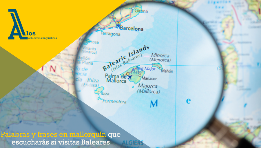 Mapa físico de Europa con lupa enfocando las Islas Baleares