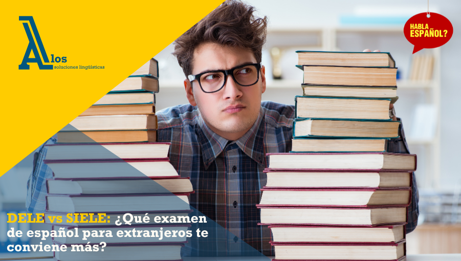 Hombre joven con expresión pensativa entre dos pilas de libros, representando la duda entre los exámenes DELE y SIELE de español para extranjeros.