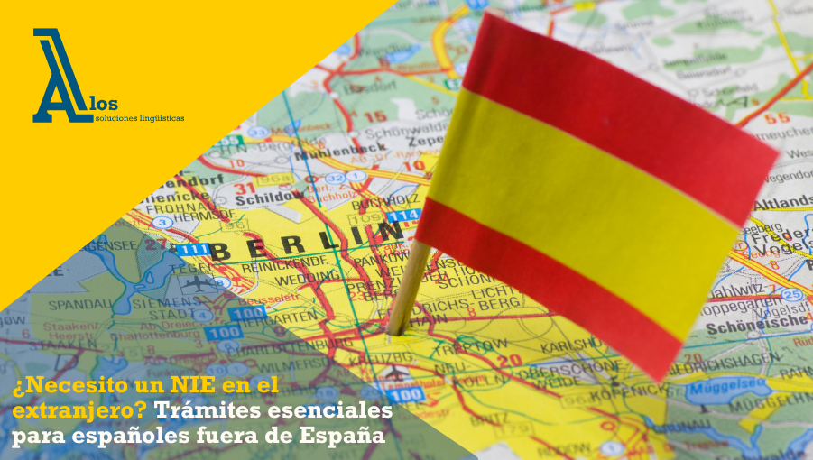 Bandera de España sobre un mapa de Europa con foco en Berlín, representando a españoles en el extranjero.