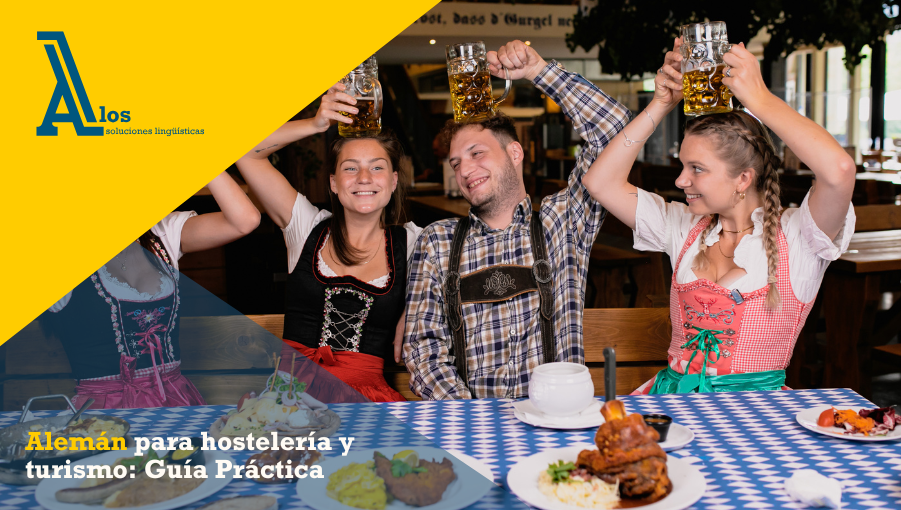 Grupo de personas vestidas con trajes tradicionales alemanes brindando en una mesa, ilustrando la guía de alemán para hostelería y turismo.