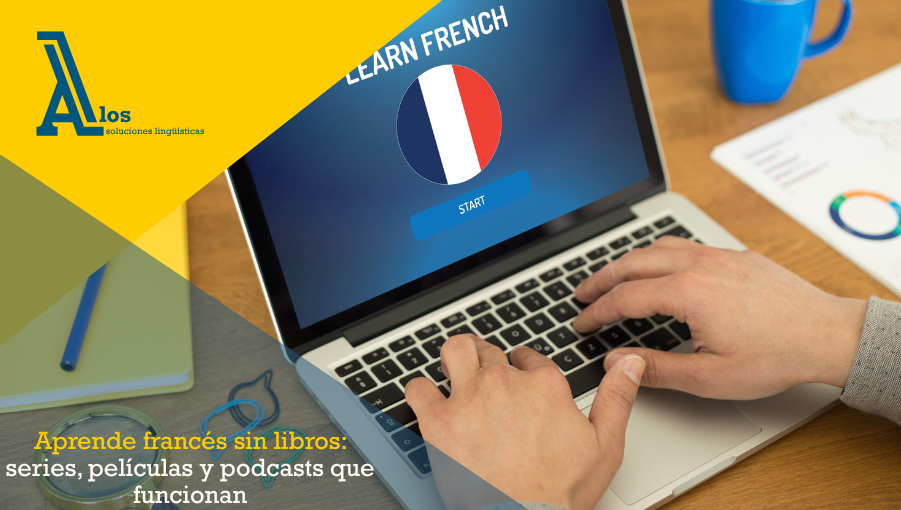 Persona aprendiendo francés con un portátil que muestra la bandera de Francia en pantalla.