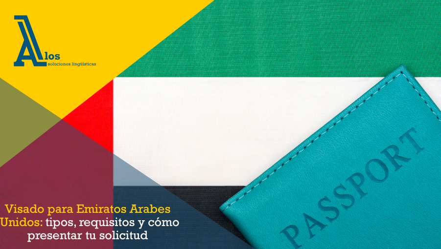 Pasaporte emiratí sobre una bandera de Emiratos Árabes Unidos, representando el proceso de solicitud de visado