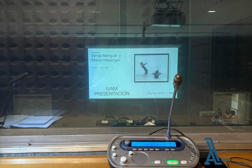 Cabina de interpretación simultánea con micrófono durante evento en el auditorio del IVAM