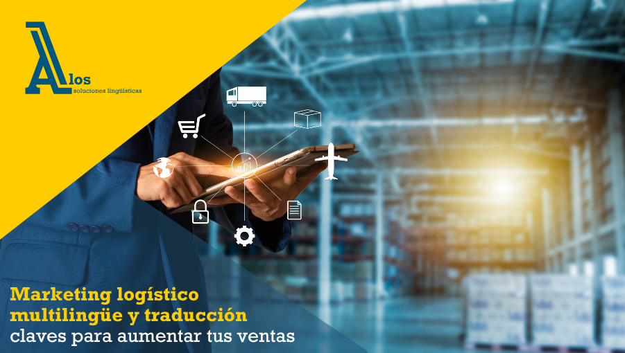 Persona gestionando una estrategia de marketing logístico multilingüe desde una tablet, conectando con mercados internacionales.