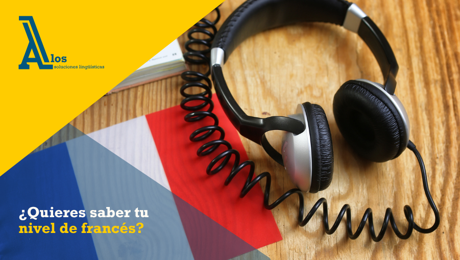 Auriculares junto a una bandera de Francia, representando el aprendizaje del idioma francés.