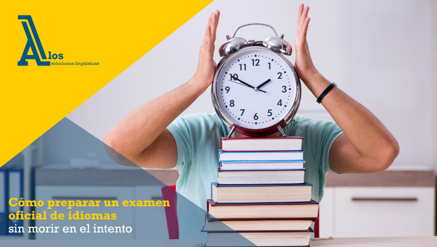Alumno concentrado estudiando con libros y un reloj, simbolizando la preparación para un examen oficial de idiomas.