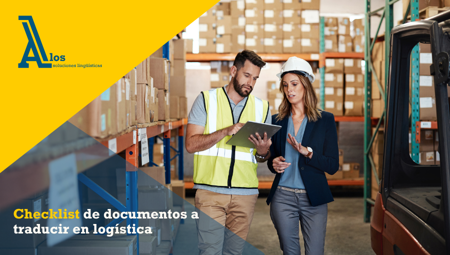 Dos personas revisando documentos logísticos en un almacén como parte de un proceso de traducción técnica.