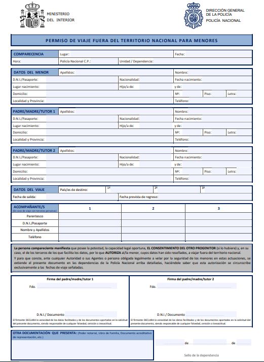 Documento oficial de autorización de viaje para menores