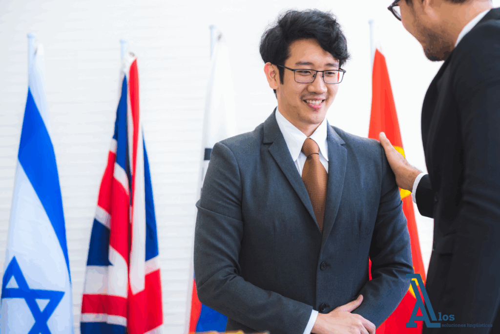 Interacción diplomática con apoyo de intérpretes en una reunión multilateral