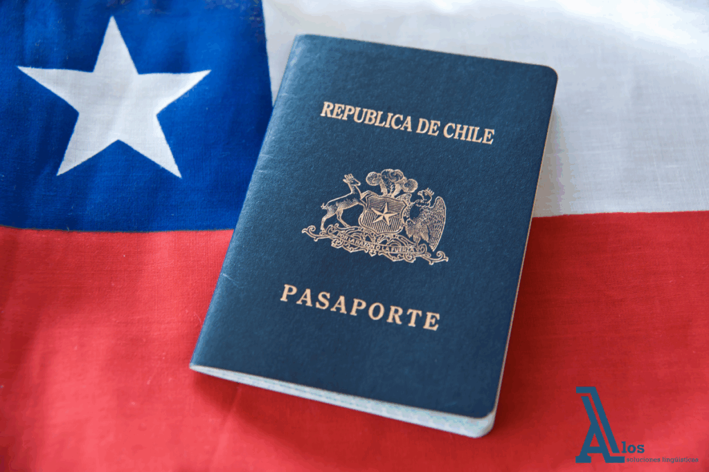 Pasaporte chileno sobre fondo con la bandera de Chile, símbolo de identidad nacional y trámites migratorios