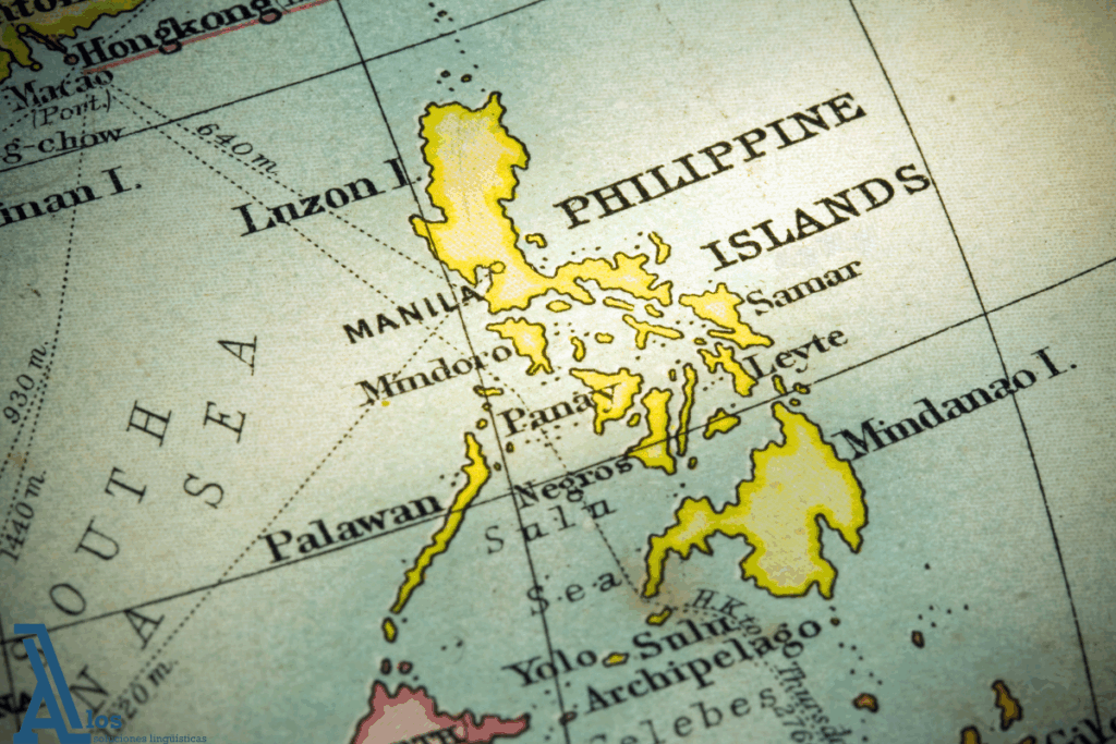Mapa de Filipinas con nombres de islas y regiones principales como Luzón, Manila y Mindanao