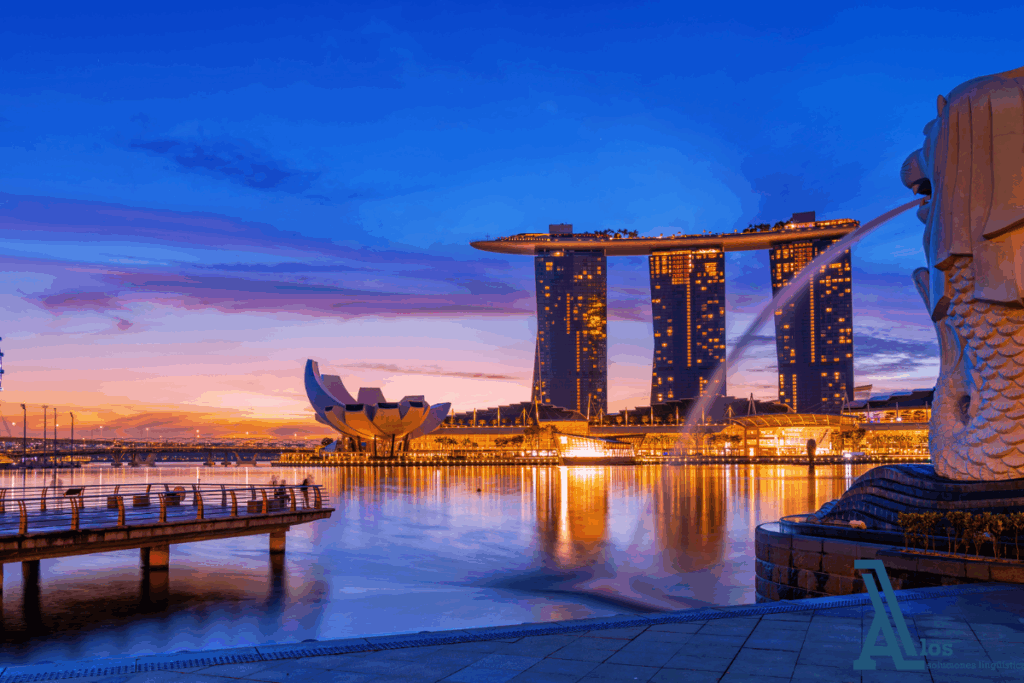 Estatua del Merlion en el Parque Merlion de Singapur con la bahía al fondo