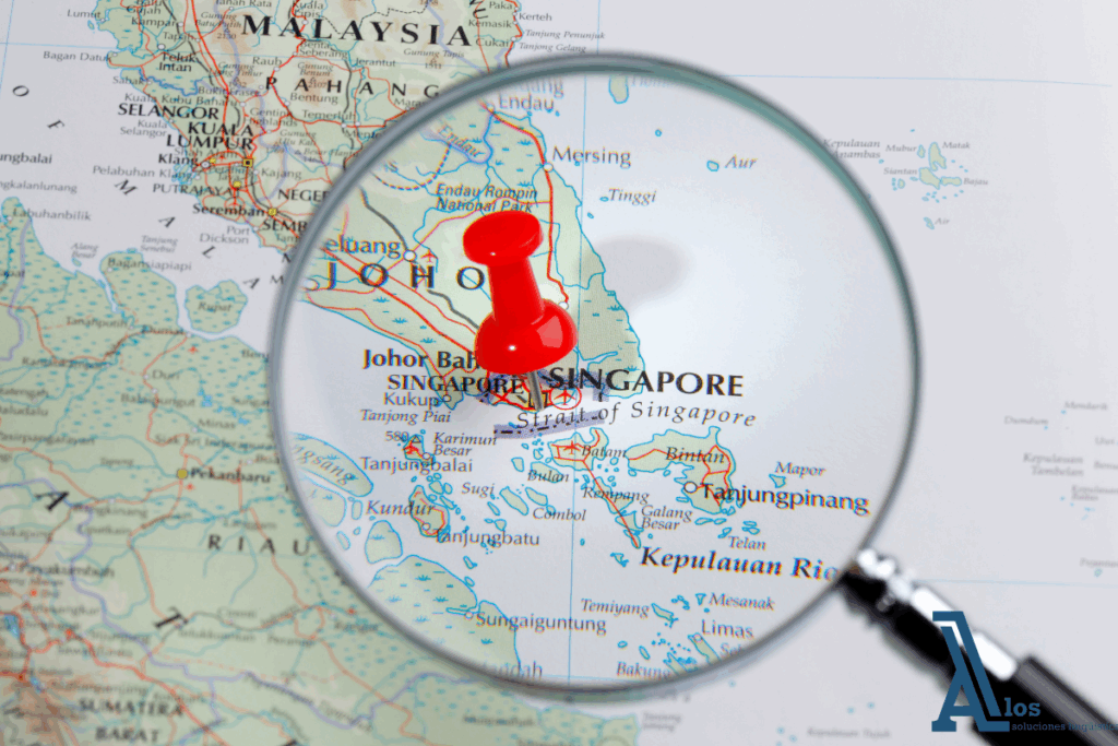 Mapa con una lupa y una chincheta marcando la ubicación de Singapur