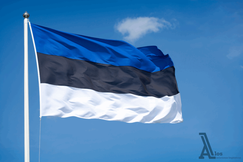 Bandera de Estonia ondeando al viento con cielo azul de fondo, símbolo nacional en un día despejado.