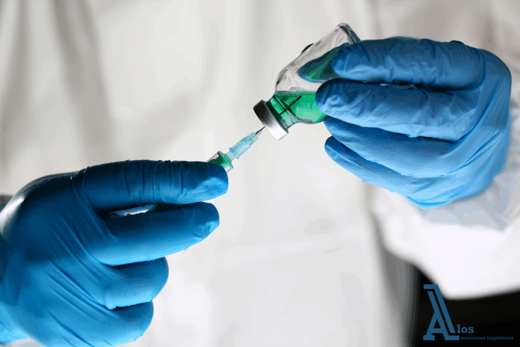 Manos con guantes extrayendo líquido de un vial con una jeringa, ilustrando un procedimiento médico vinculado a vacunas y la importancia de la traducción en la industria farmacéutica