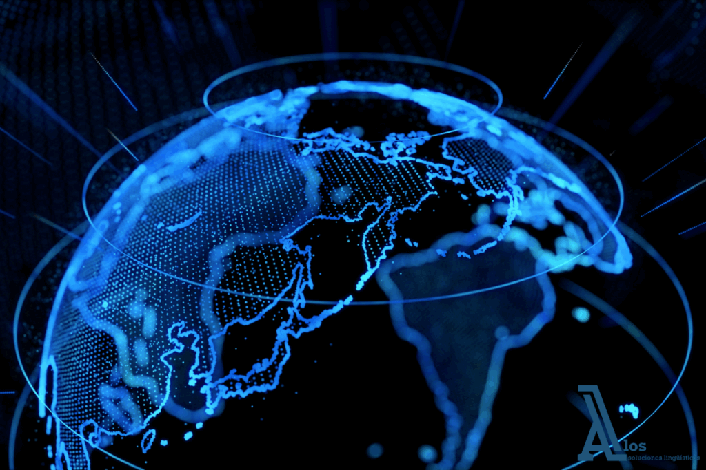 Mapa digital iluminado representando la colaboración científica mundial gracias a la traducción de documentos de investigación