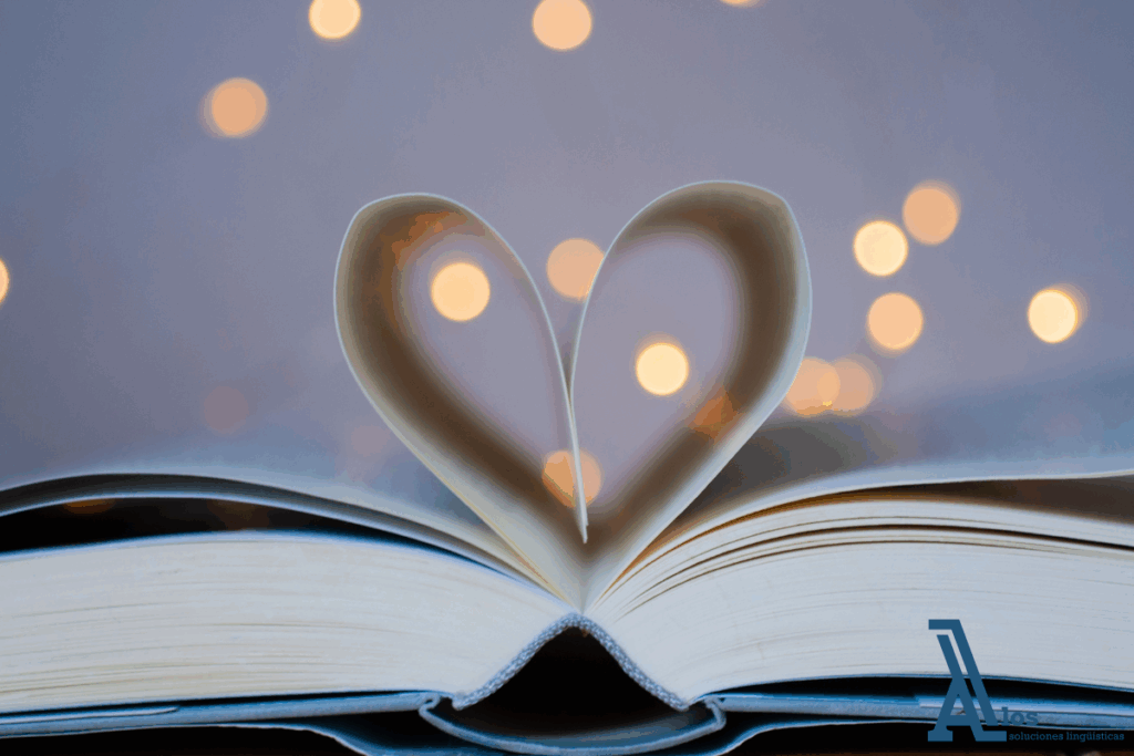 Libro abierto con páginas dobladas formando un corazón, simbolizando amor y literatura, con luces difusas de fondo; imagen perfecta para frases de amor en inglés.