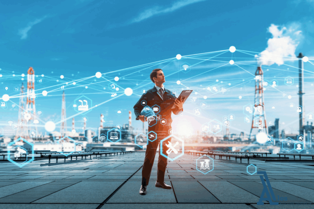 Profesional del sector tecnológico rodeado de iconos digitales industriales, simbolizando la importancia de los acrónimos y abreviaturas en entornos conectados e internacionales.