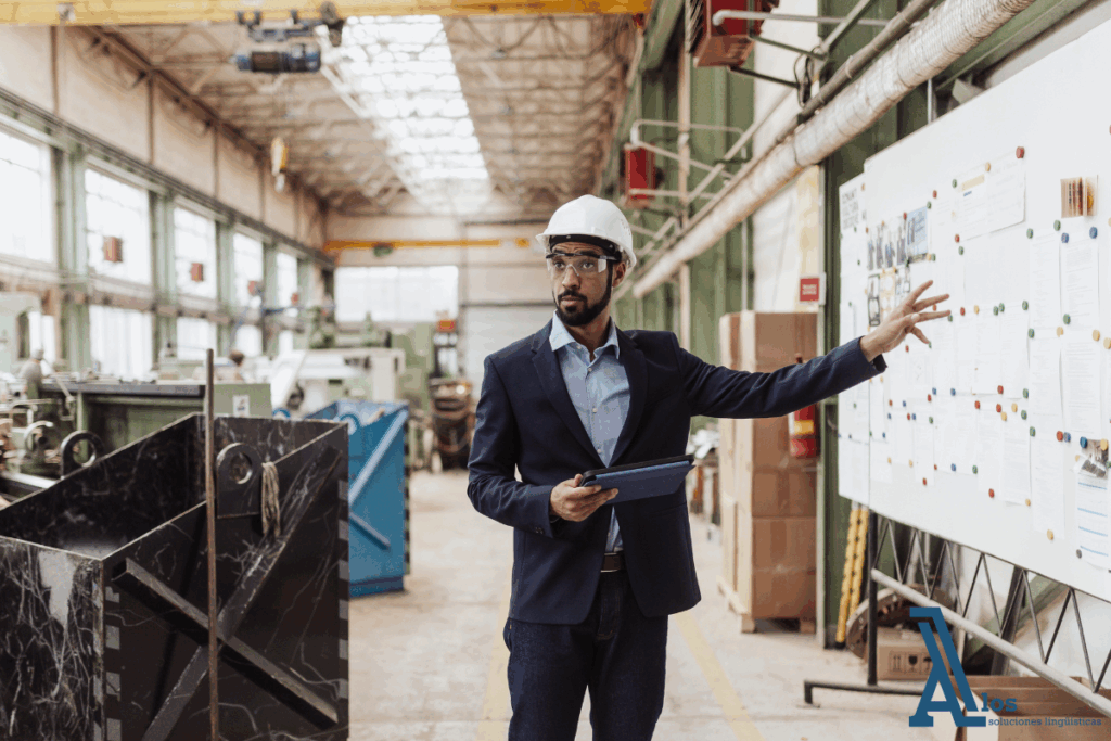Ingeniero técnico con casco y tablet explicando procesos en fábrica, ejemplo de formación en inglés para ingenieros y técnicos.