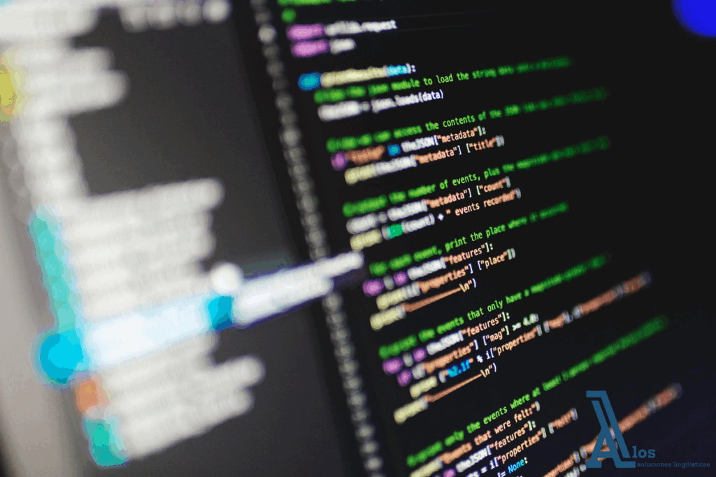 Pantalla con código fuente en inglés resaltado en colores, representando el uso del inglés para IT y desarrollo tecnológico en programación real.