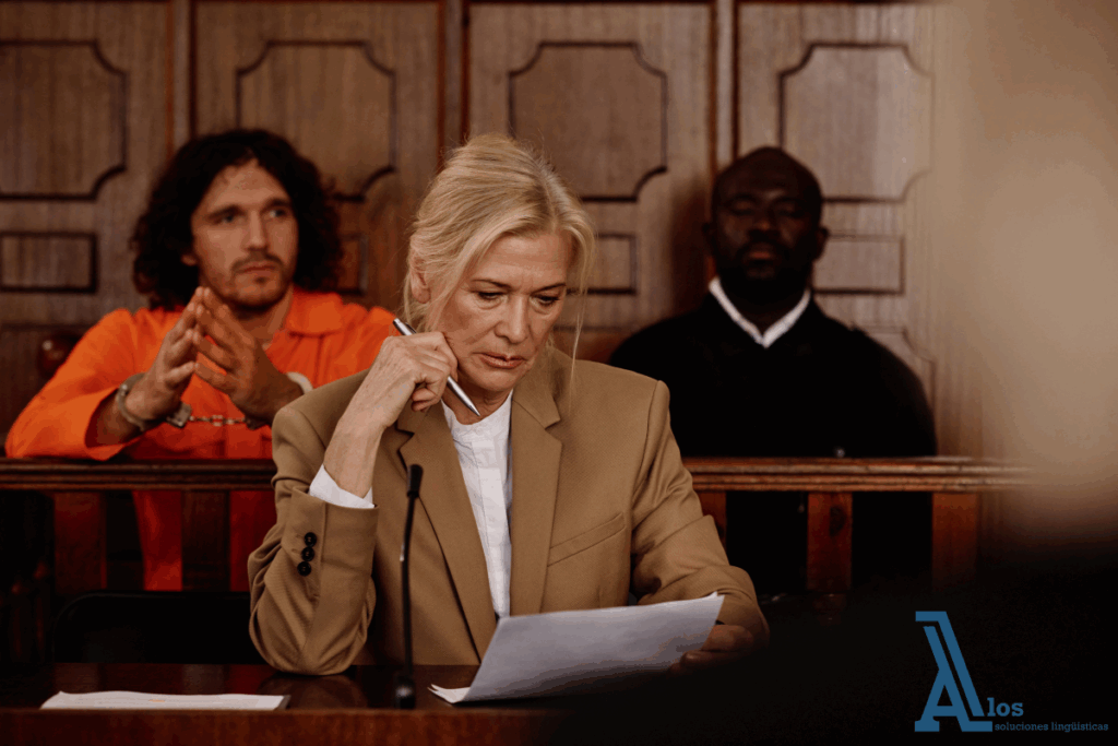 Abogada revisando documentos legales en una sala de juicio, ejemplo real del uso del inglés jurídico para abogados y empresas.


