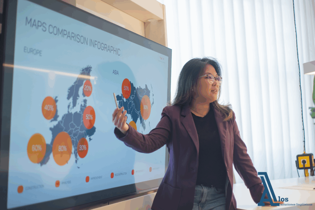 Profesional explicando una visualización de datos en pantalla como parte de un proceso de adaptación de infografías científicas multilingües para audiencias internacionales.