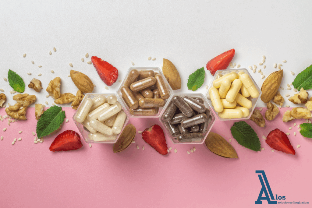 Cápsulas de suplementos alimenticios junto a ingredientes naturales con el logotipo de Alos, representando la traducción profesional en marketing de salud.

