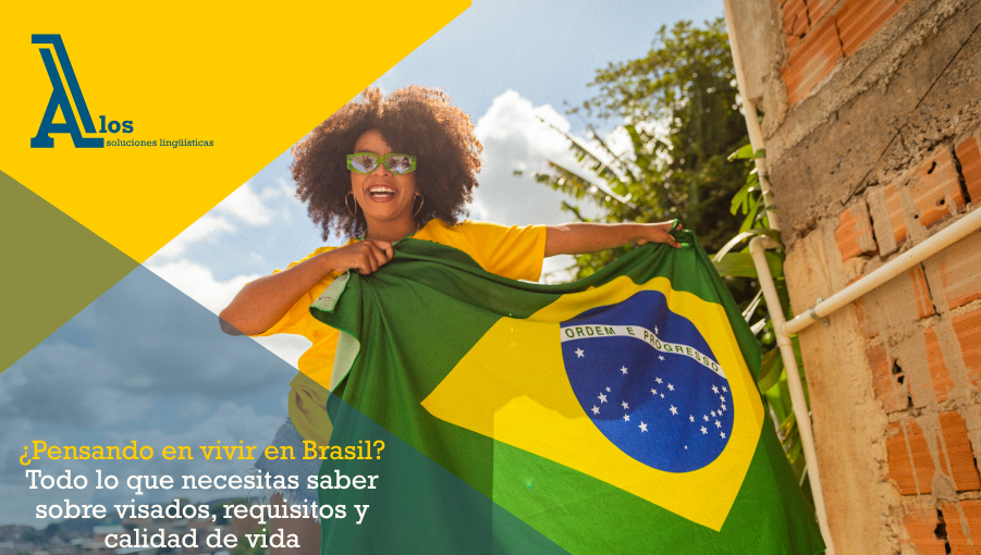 Mujer con la bandera de Brasil extendida frente al cielo azul