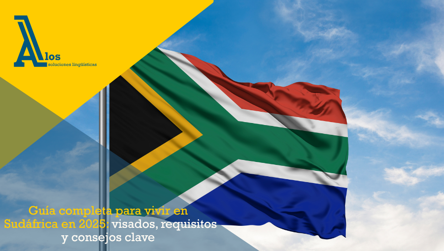 Bandera de Sudáfrica ondeando sobre un cielo azul con nubes suaves