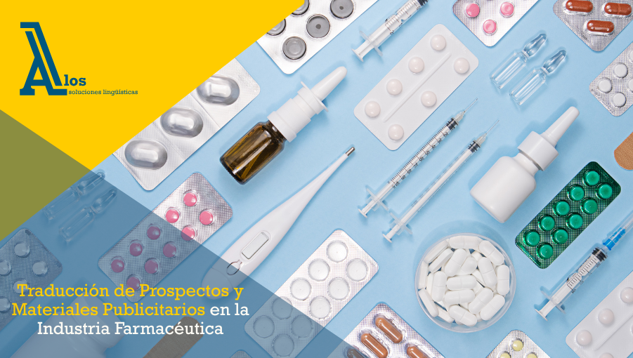 Medicamentos, jeringas y dispositivos médicos organizados sobre fondo azul, ilustrando la traducción de prospectos farmacéuticos y materiales publicitarios en la industria farmacéutica.