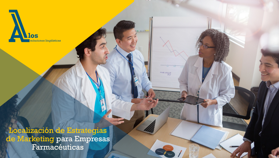Reunión de equipo de marketing y un médico discutiendo estrategias para la localización marketing empresas farmacéuticas en una sala de conferencias.