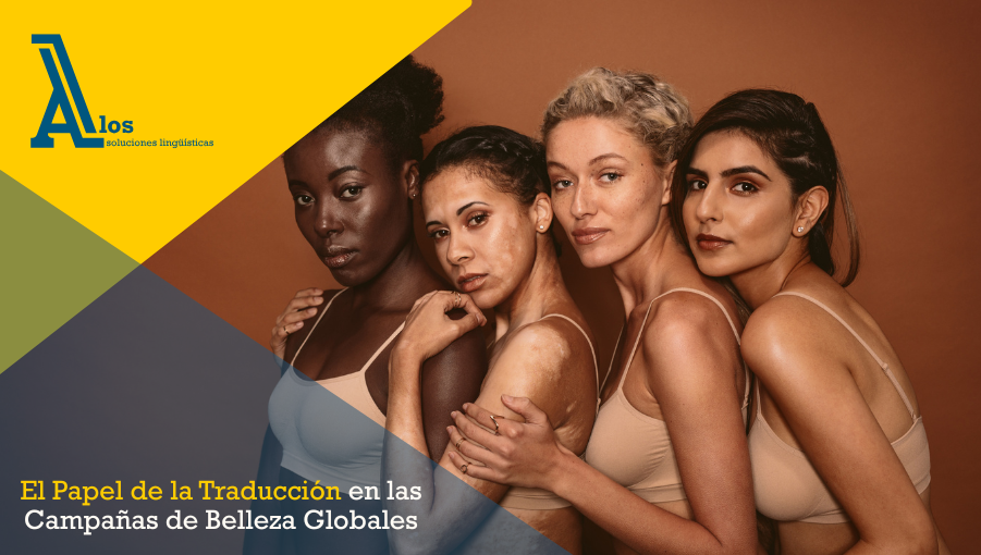 Cuatro modelos de distintas etnias posando en campaña internacional de belleza que destaca la traducción de campañas de belleza para conectar con diversas culturas