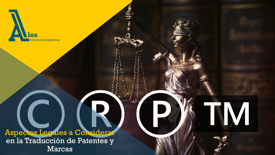 Estatua de la Justicia acompañada de símbolos de patentes y marcas, como ™, ®, y ℗, representando los aspectos legales en la traducción de propiedad intelectual.